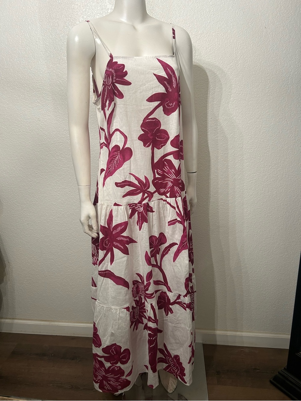 Lapogee Pink Floral Print Maxi Dress with Spaghetti Straps, Linen